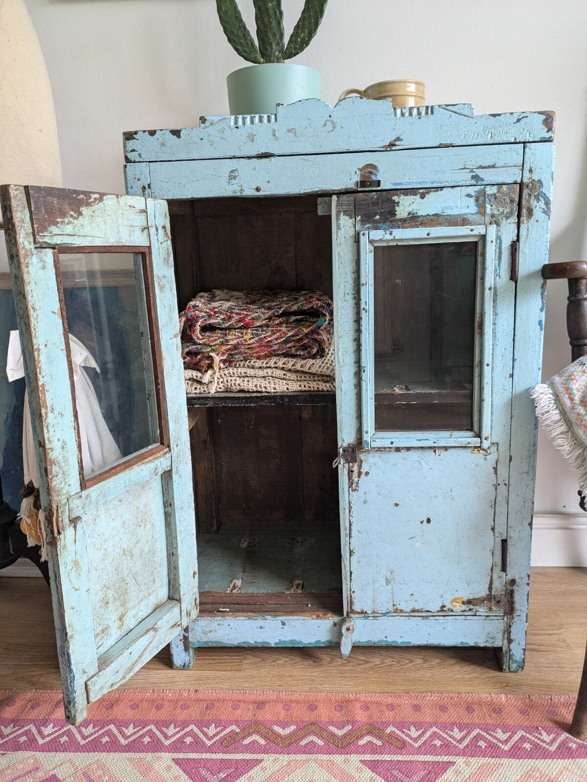 Small Antique Vintage Indian Cabinet Cupboard Painted Rare Glazed Blue Reclaimed