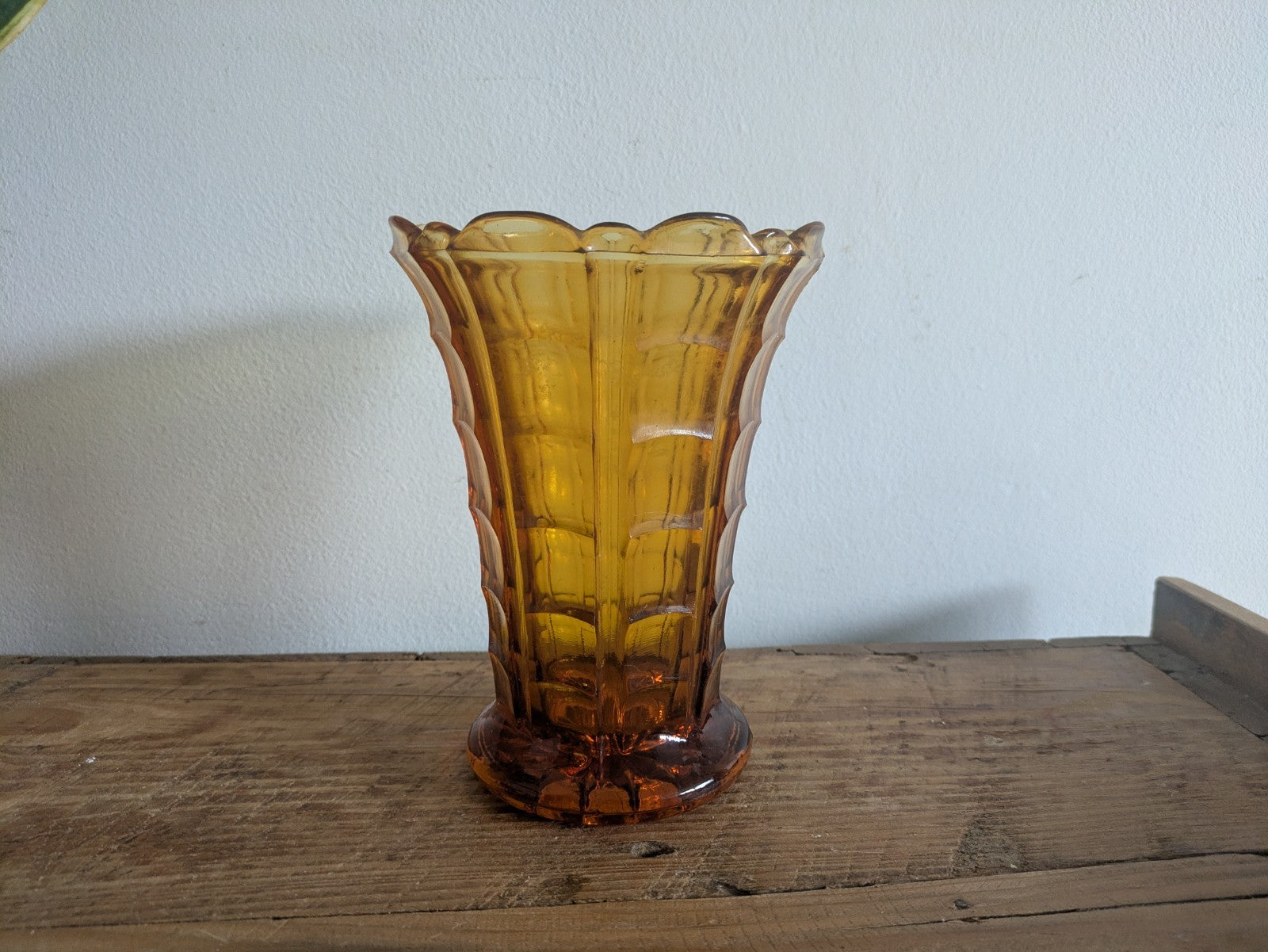 Vintage Art Deco Fluted Amber Glass Flared Vase Heavy Yellow Flowers Mantle Old