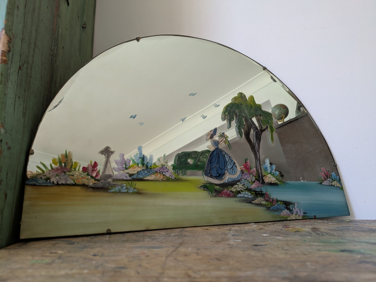 Vintage Art Deco Hand Painted Bevelled Wall Mirror Crinoline Lady Spring Garden