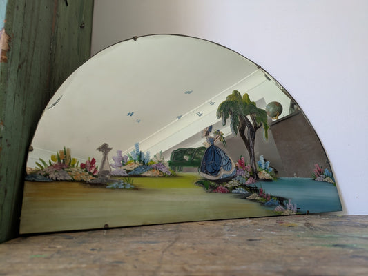 Vintage Art Deco Hand Painted Bevelled Wall Mirror Crinoline Lady Spring Garden