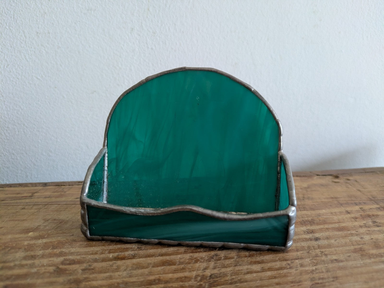 Handmade Stained Glass Business Card Holder Teal Green Leaded Rack Decor Gift 
