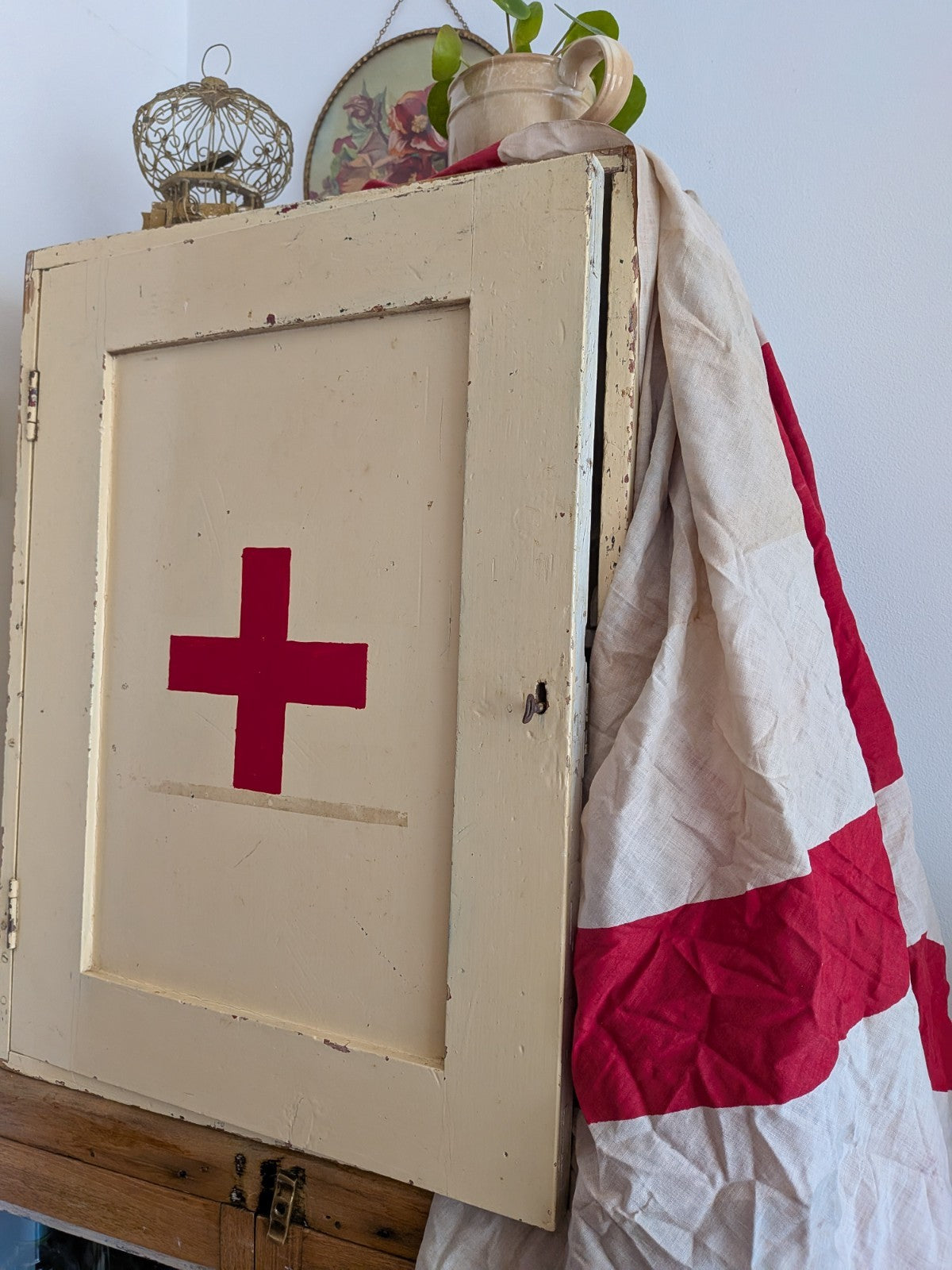 Vintage First Aid Medicine Cabinet Bathroom Wood Medical Prop Cupboard Sections