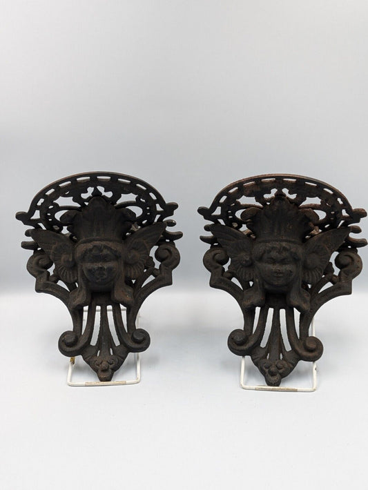 Pair Of Vintage Cast Iron Angel Shelf  Shelves Corbels Brackets Fairy Cherub Vgc
