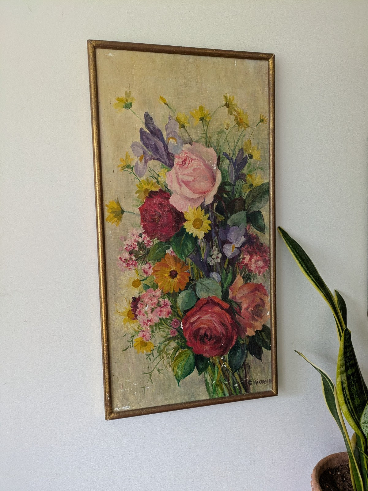 Antique Oil Painting Floral Bouquet Picture framed vintage Still Life On Canvas 