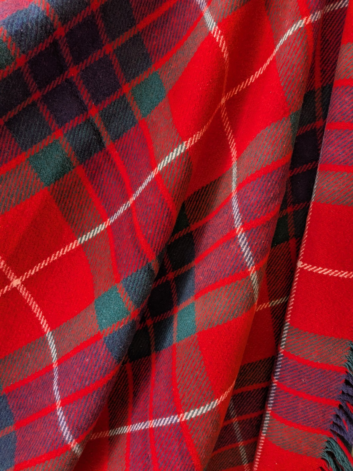 Red/Green All Wool Tartan Fringed Vintage Blanket 'The Clan' Rug Retro Scottish 