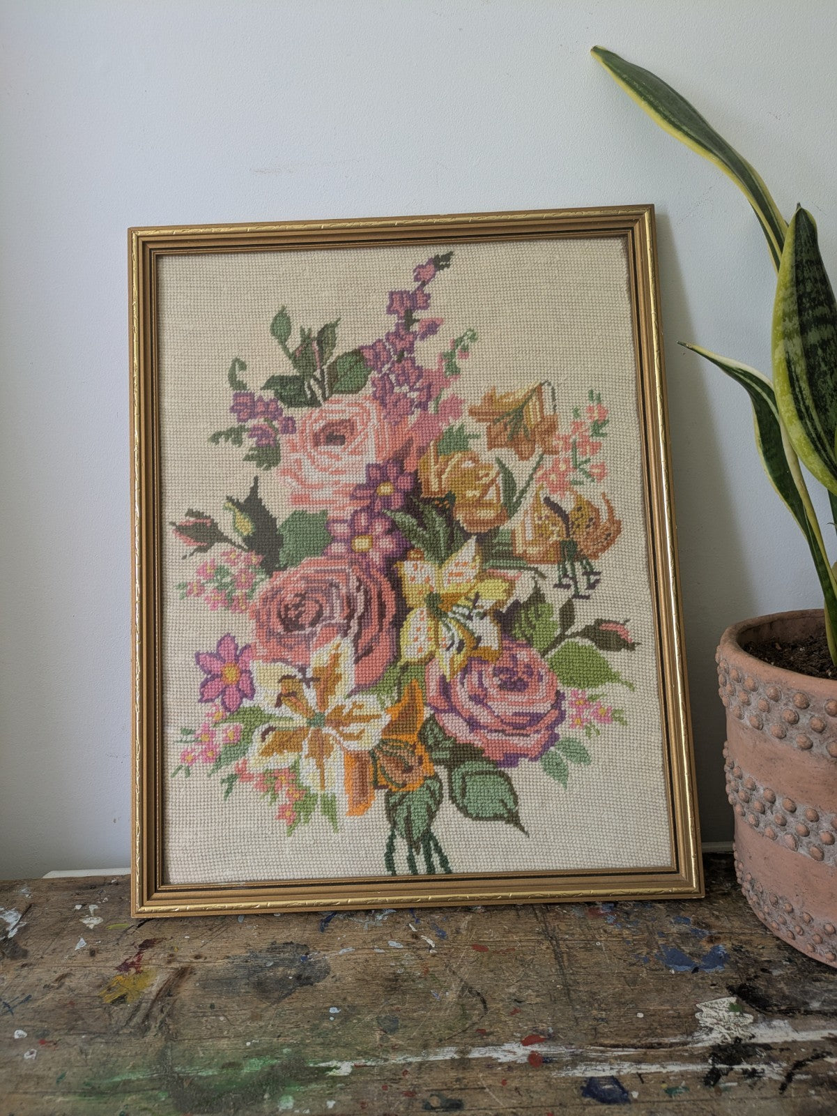 Vintage Floral Embroidery Cross Stitch Picture Tapestry Rose Bouquet Framed Vgc