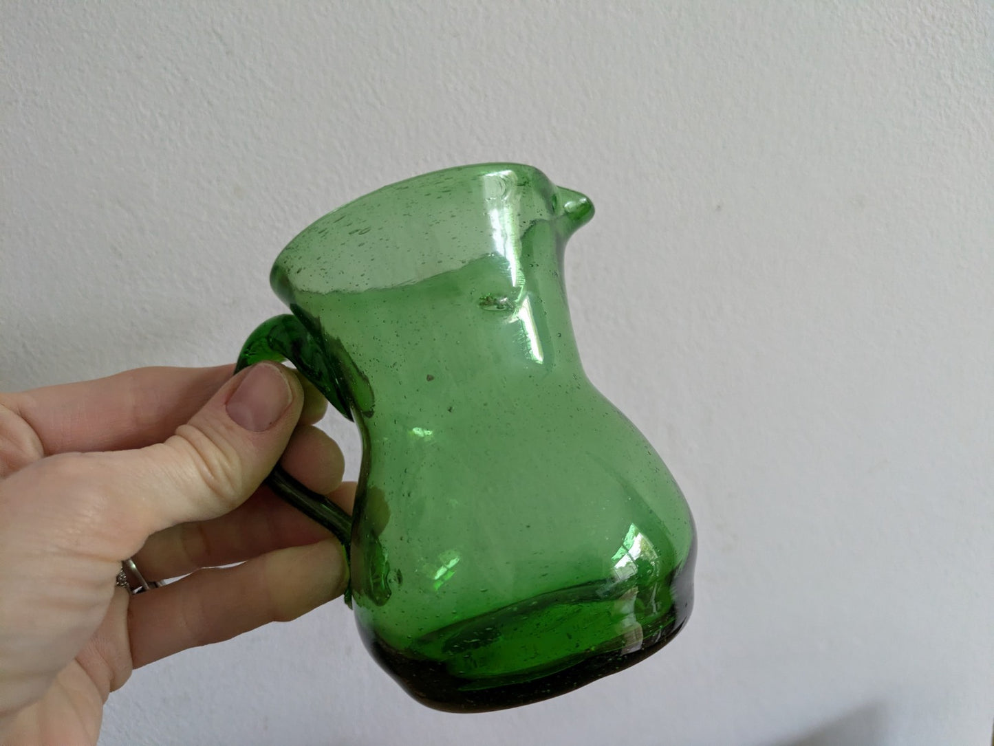 Vintage Emerald Green Bubble Glass Pitcher Jug Vase Hand blown Small Retro Vgc