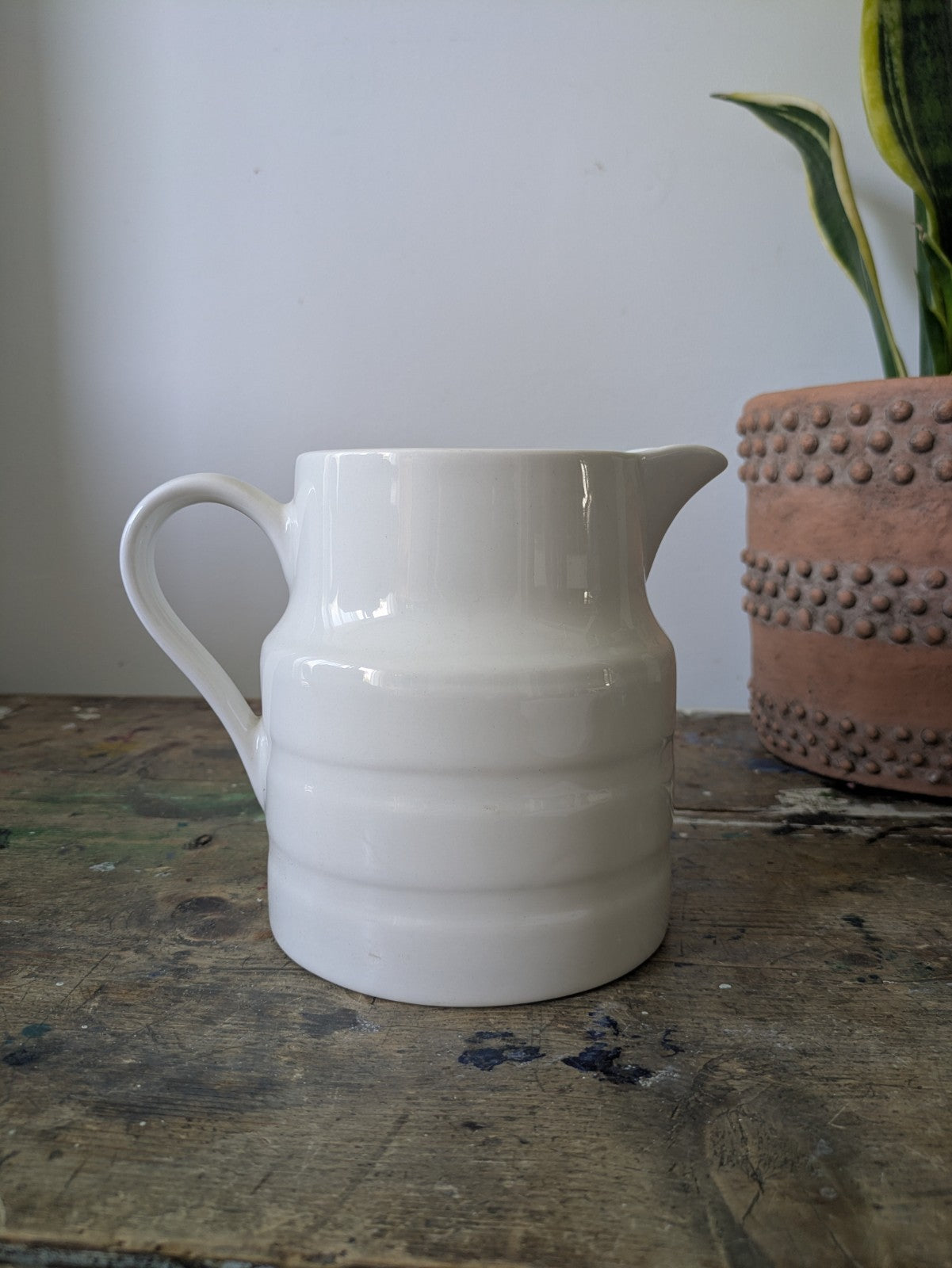 Vintage Lord Nelson Pottery White Milk Jug Pitcher Vase Rustic Farmhouse Banded 