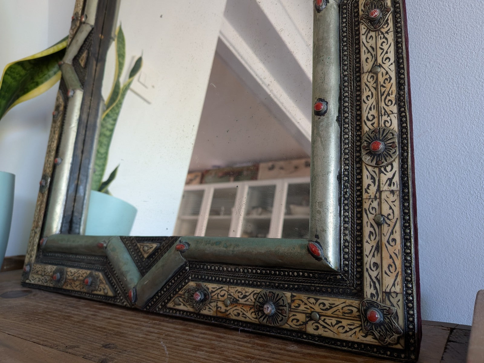 Vintage Ancient Handmade Moroccan Wall Mirror Brass Bone Camel Inlaid Mosaic XL 
