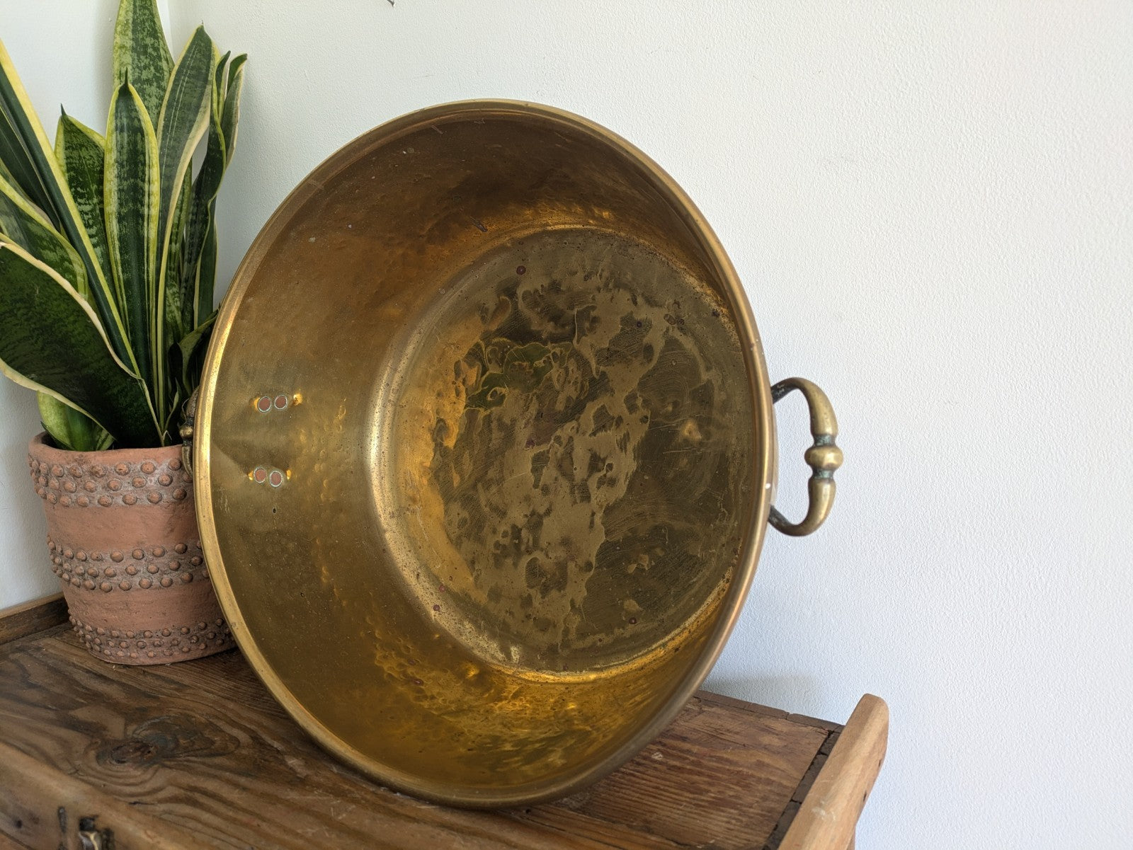 Antique 19thC Victorian Brass Pot Pan Double Handles Giant XL Size Chef Kitchen