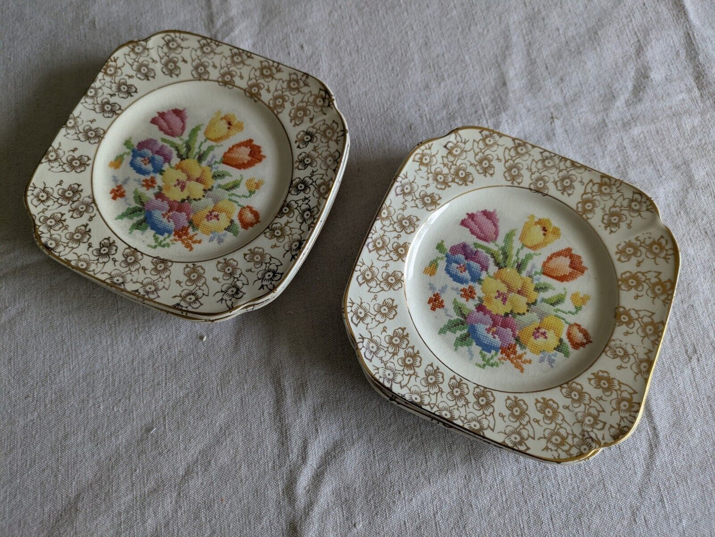 6x Vtg Coronet Ware Tapestry English Sampler Side Plates Parrott & Co Burslem 