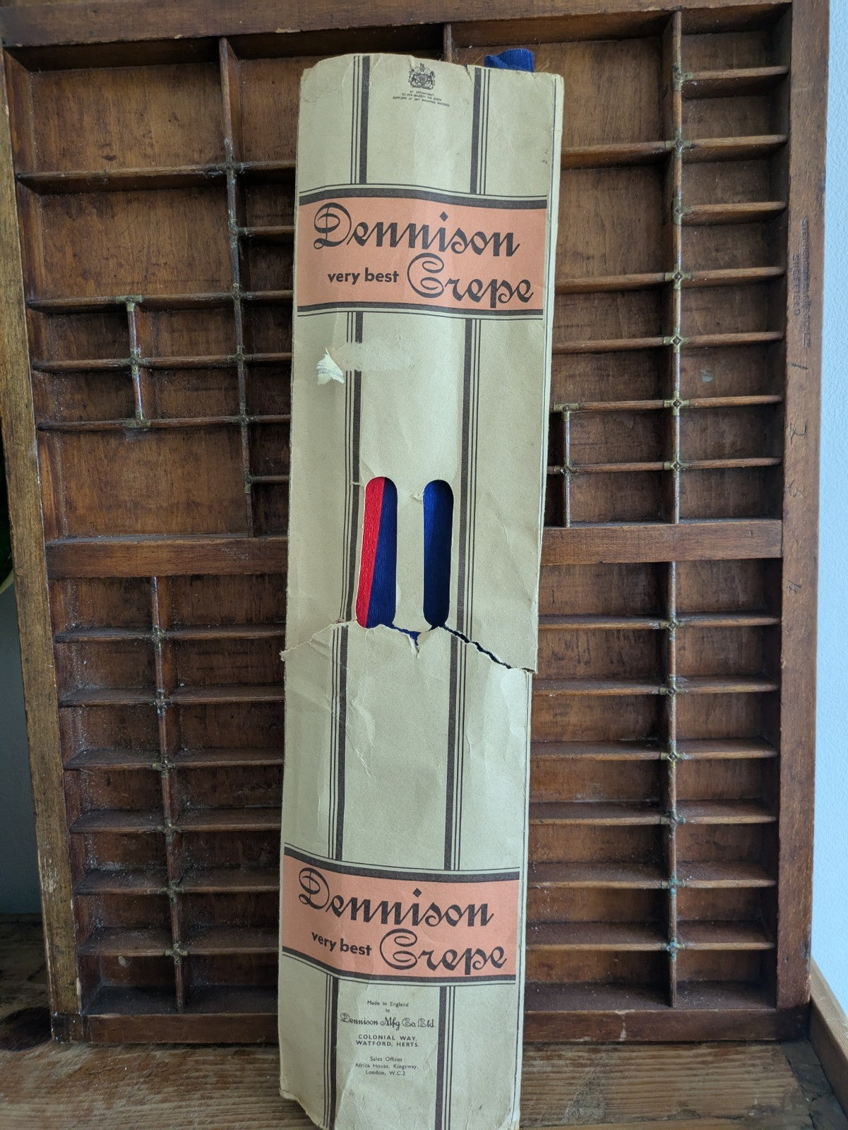 Old Dennison Red Blue Crepe Paper In Packaging Box Craft Christmas Vintage Vgc