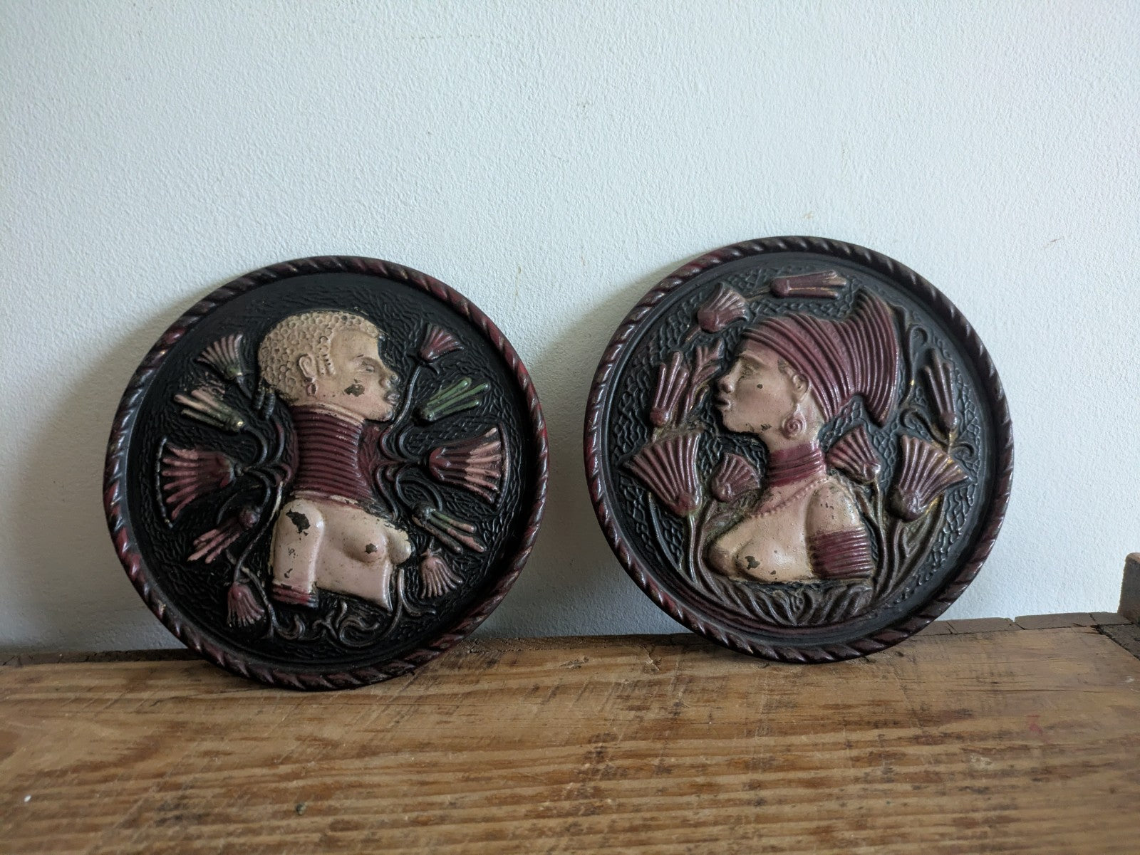 2x Mid Century Brass Plate Plaque Art Deco Art Nouveau African 1950s Pressed Old