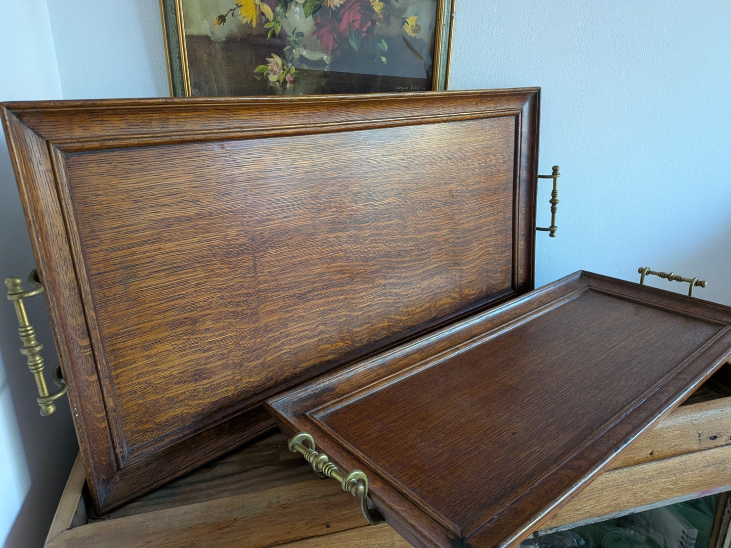 Pair Set Antique Wooden Serving/Butler Tray with Brass Arts & Crafts Handles Oak