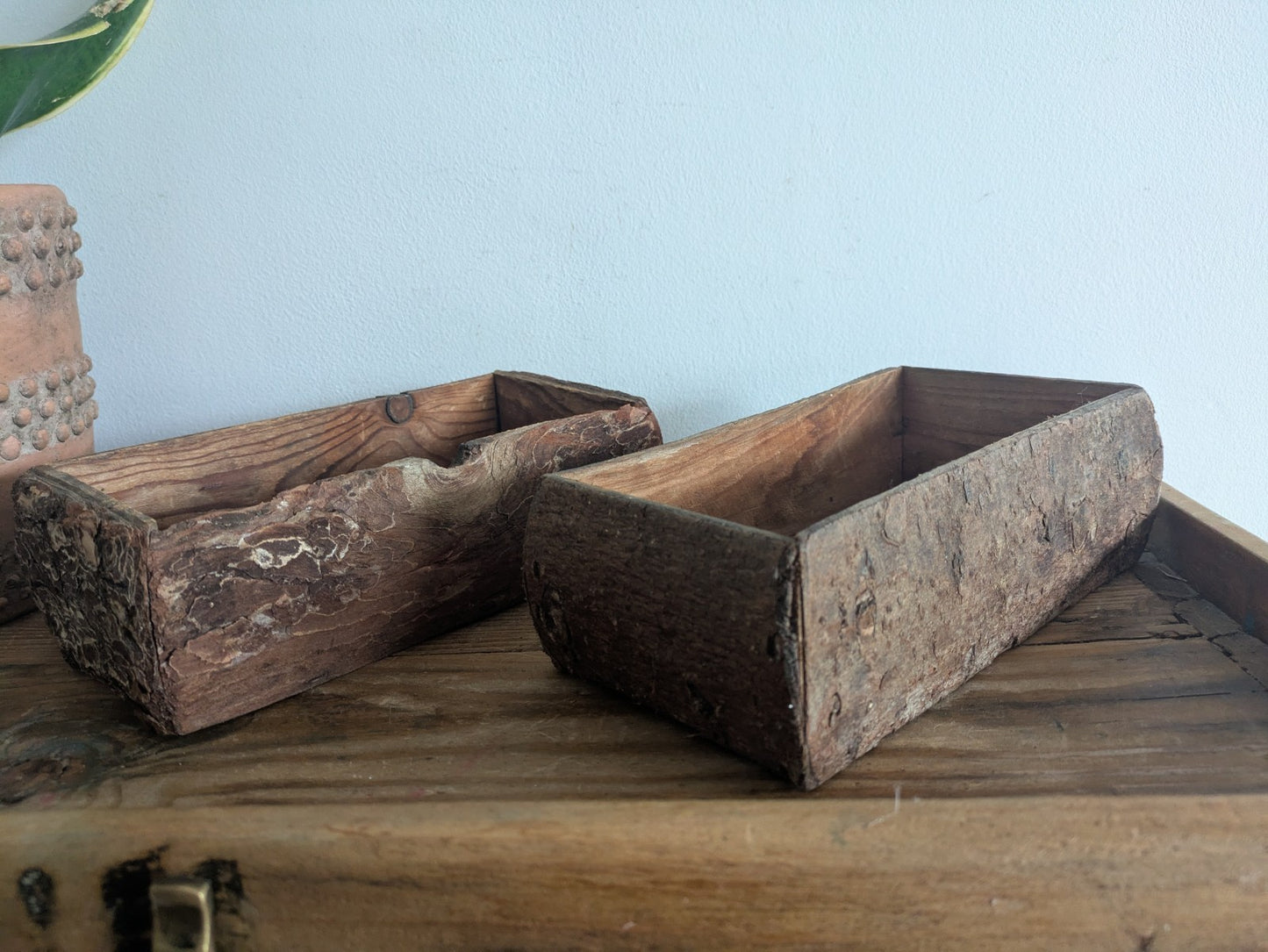 Pair Of Reclaimed Rustic Wood Handmade Box Planter Centerpiece Log Farmhouse Vgc
