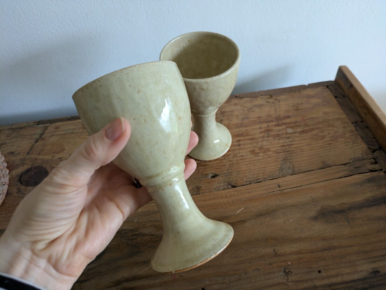 2x Vintage England Speckled Pottery Goblet Cup Mid Century Pair Set Wine Vessels