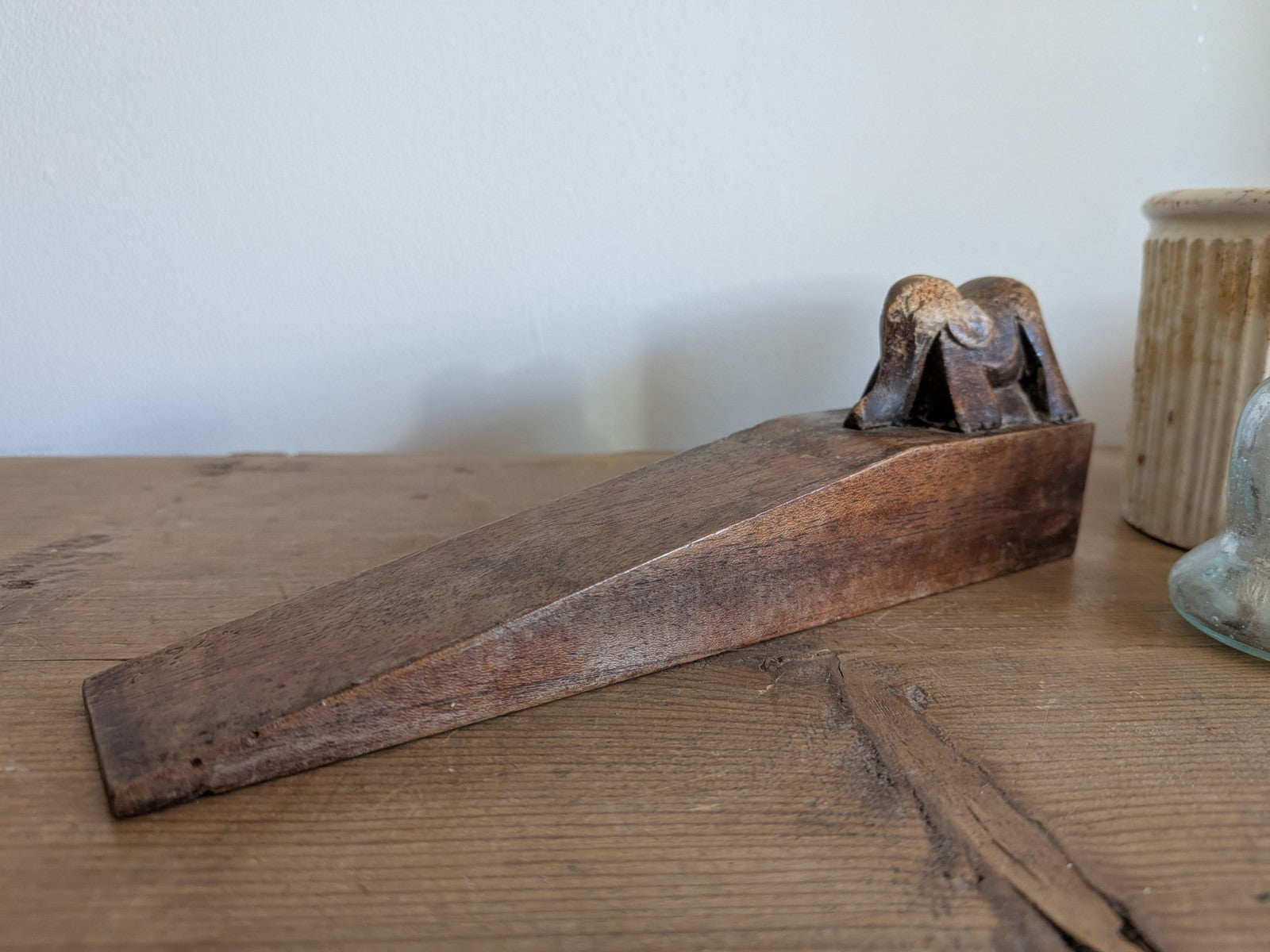 Antique Carved Rare Doorstop Primitive Wood Wedge Elephant Indian Folk Art Vtg