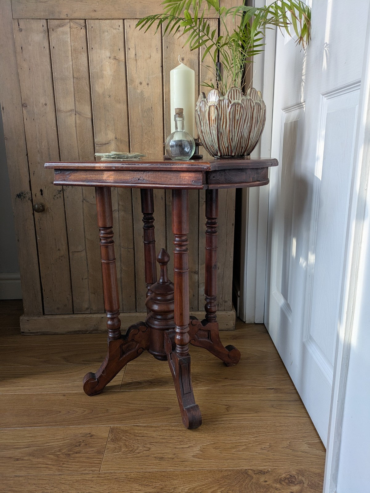 Antique Mahogany Side Table Hall Lamp Turned Legs & Finial Base Victorian C1890