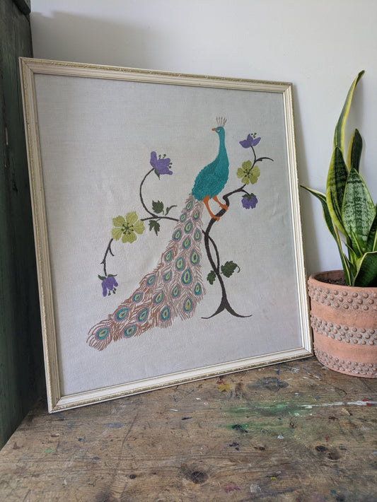 MID CENTURY FRAMED EMBROIDERY PEACOCK ON TREE BRANCH FLOWER LARGE VINTAGE RETRO