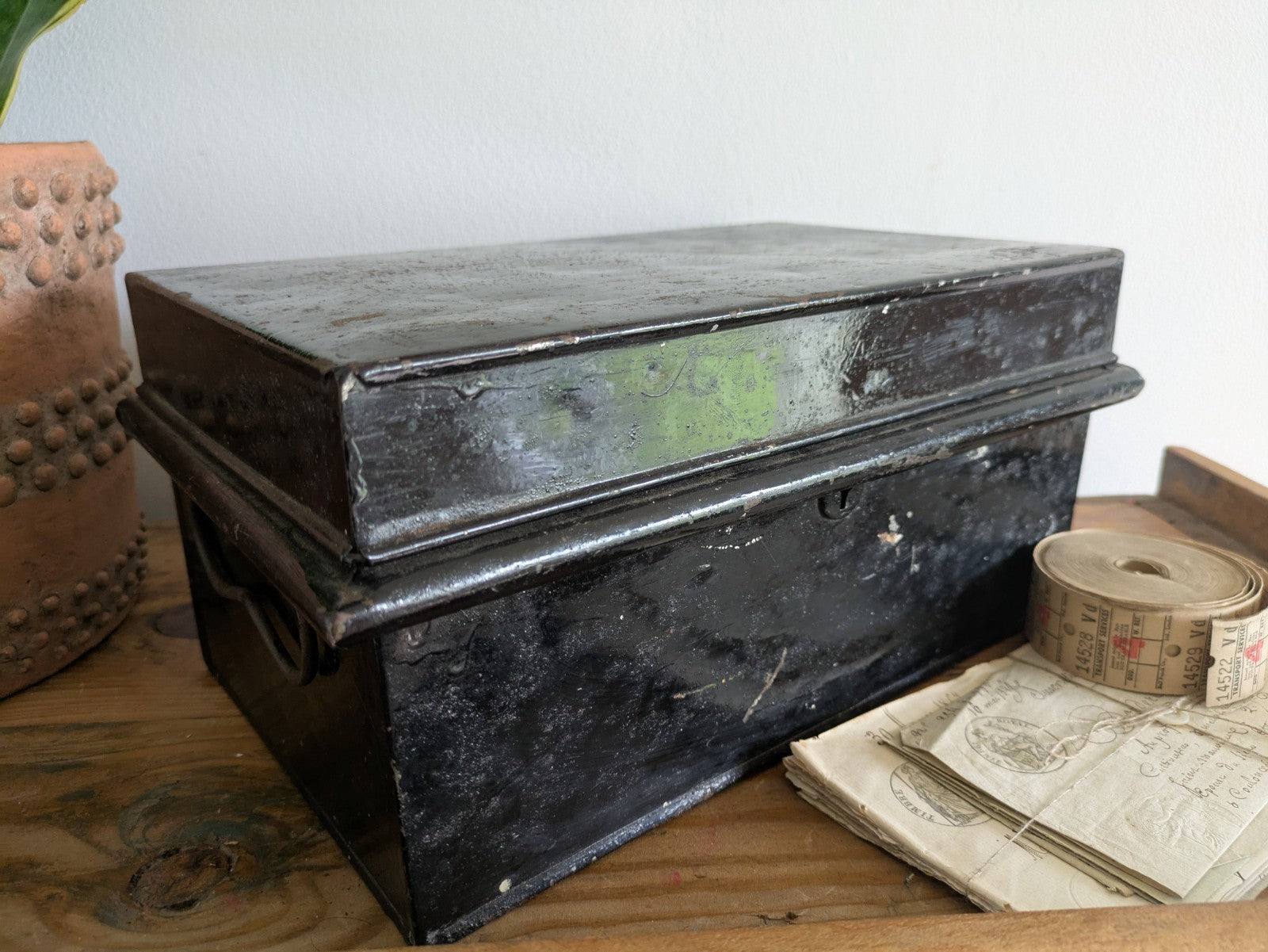 Vintage Metal Box Document Deed BOX  Black Latch Hinged Lid Medium Cash Tin File