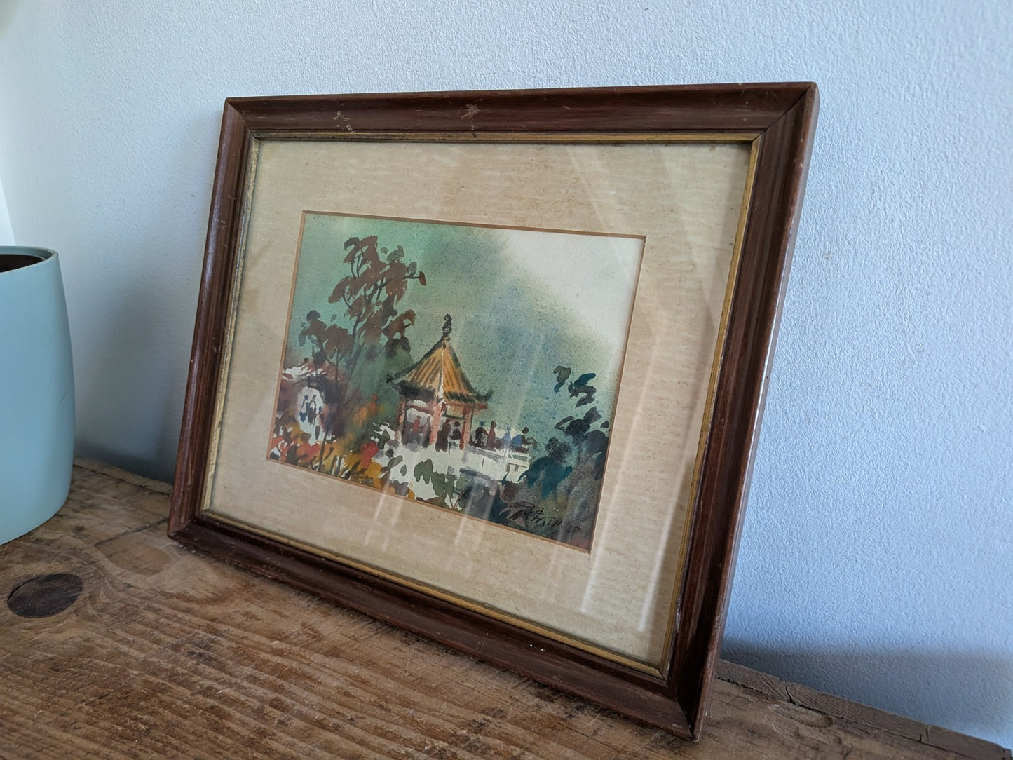 Vintage Traditional Chinese Asian Watercolour Framed Art Painting Pagoda Signed