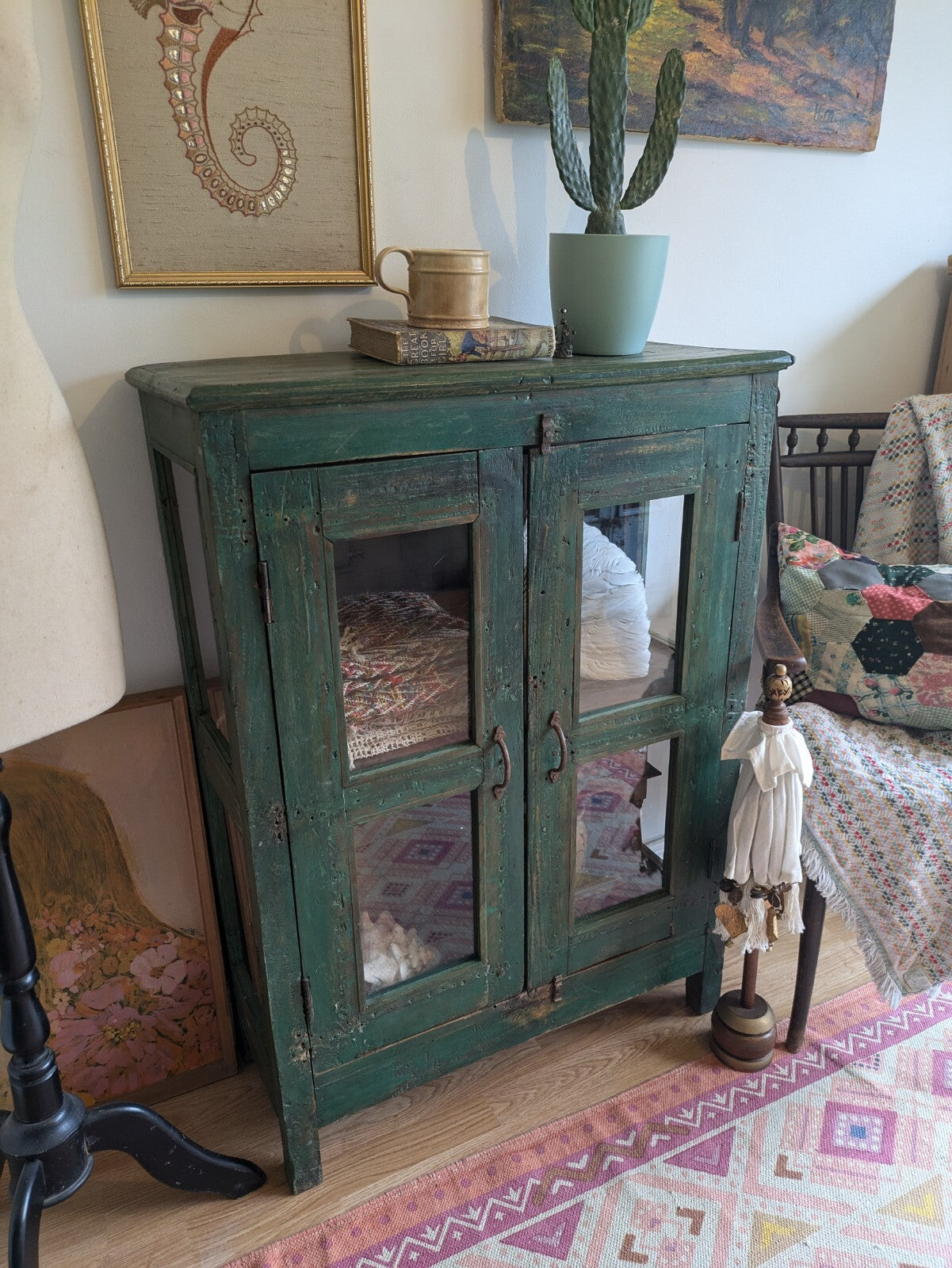 Restored Antique Vintage Indian Cabinet Cupboard Painted Glazed Reclaimed Green