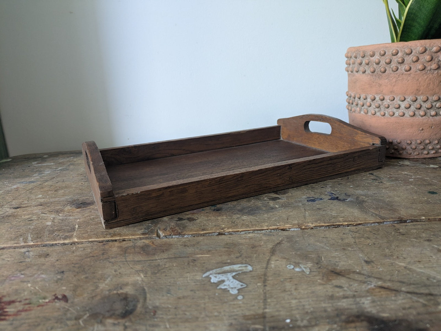Vintage Antique Oak Wood Butlers Serving Tray with Handles Inset Prop Tea Drinks