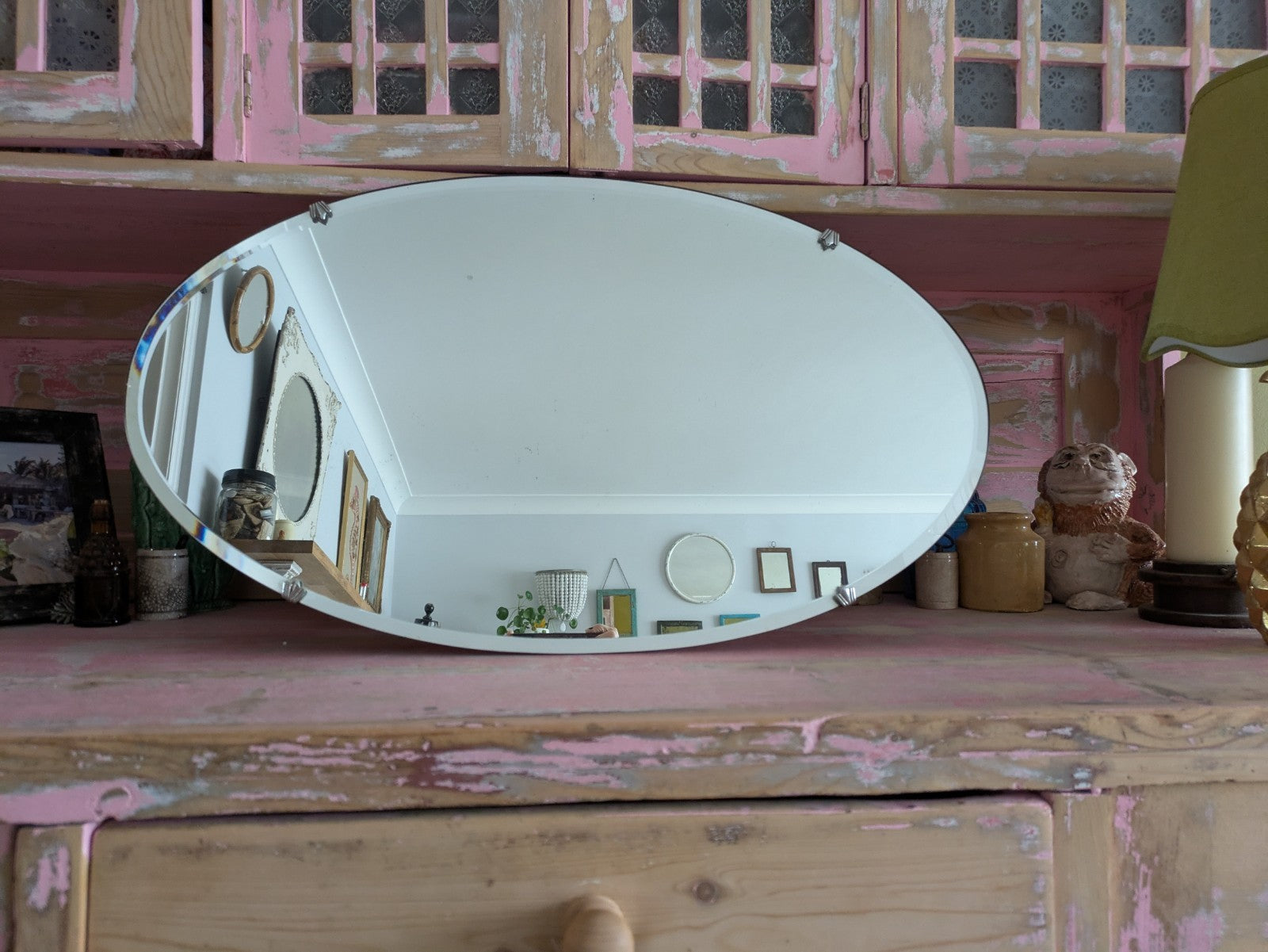 Art Deco Bevel Edge Wall Mirror Frameless & Chain Bevel Edge Oval Vintage Large 