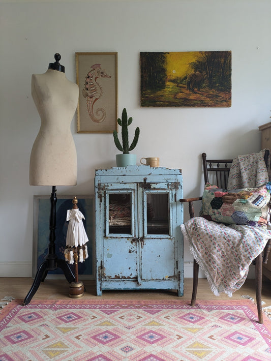 Small Antique Vintage Indian Cabinet Cupboard Painted Rare Glazed Blue Reclaimed