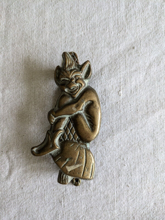 Vintage Brass Pixie Door Knocker Sitting on Toadstool Cornish Imp Hardware Old