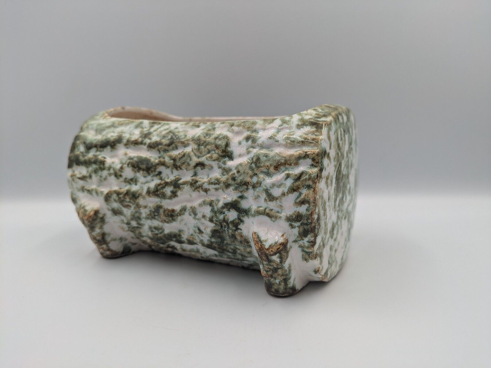 Tree Bark Green Pottery Figural Woodland Glaze Log Planter Vintage Retro Mantle