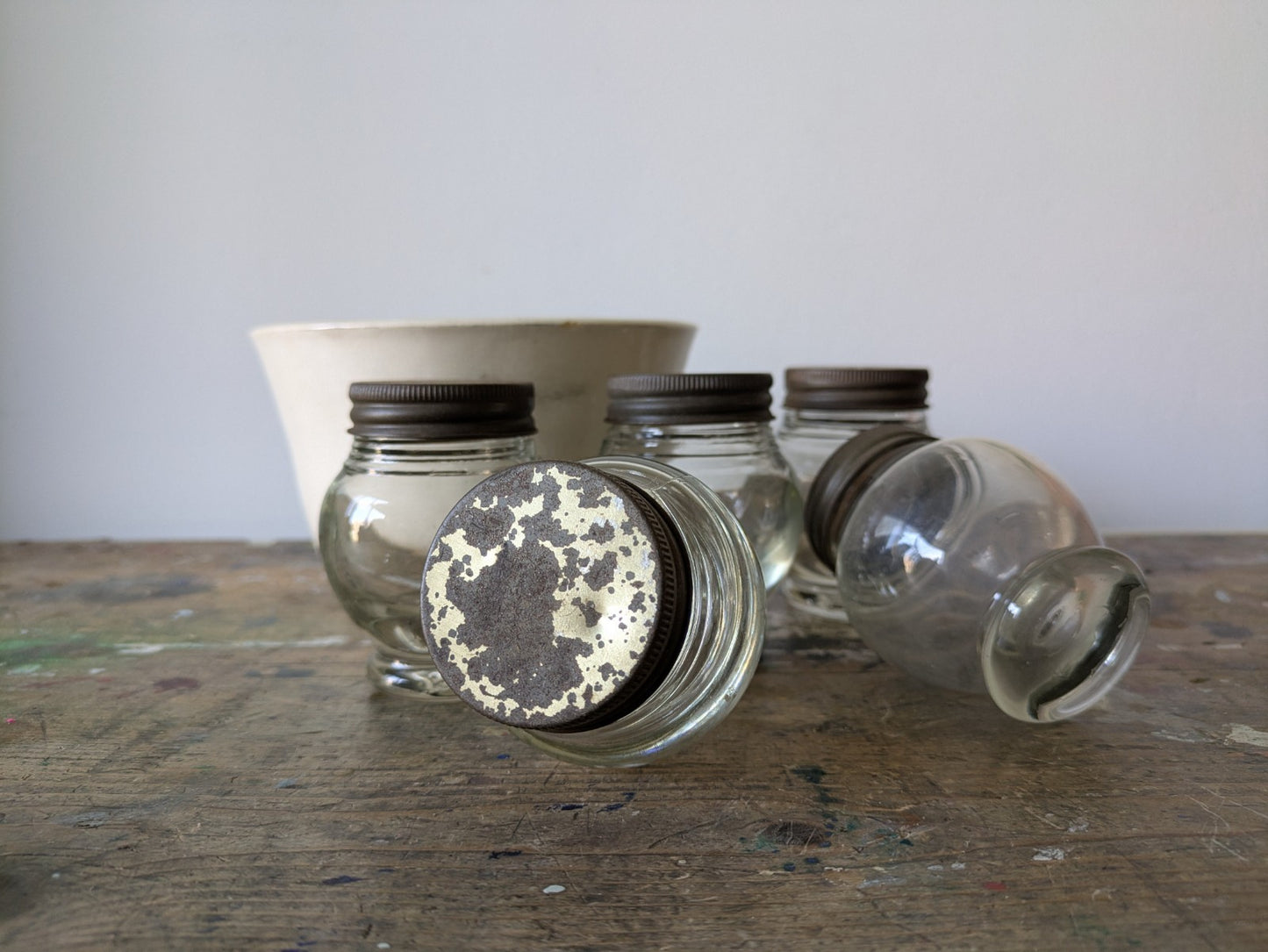 5x Rare Antique Bulb Thick Glass Round Shaped Bakers Cabinet Spice Jars Set VTG