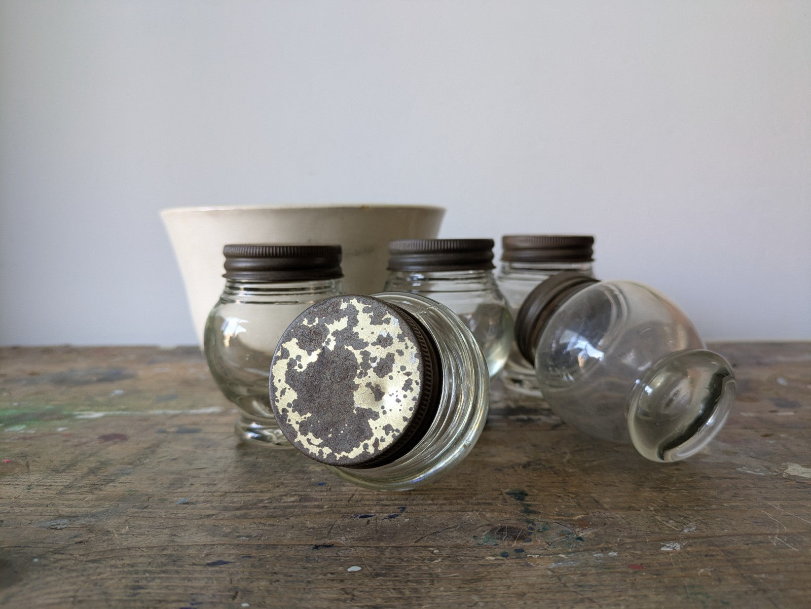 5x Rare Antique Bulb Thick Glass Round Shaped Bakers Cabinet Spice Jars Set VTG