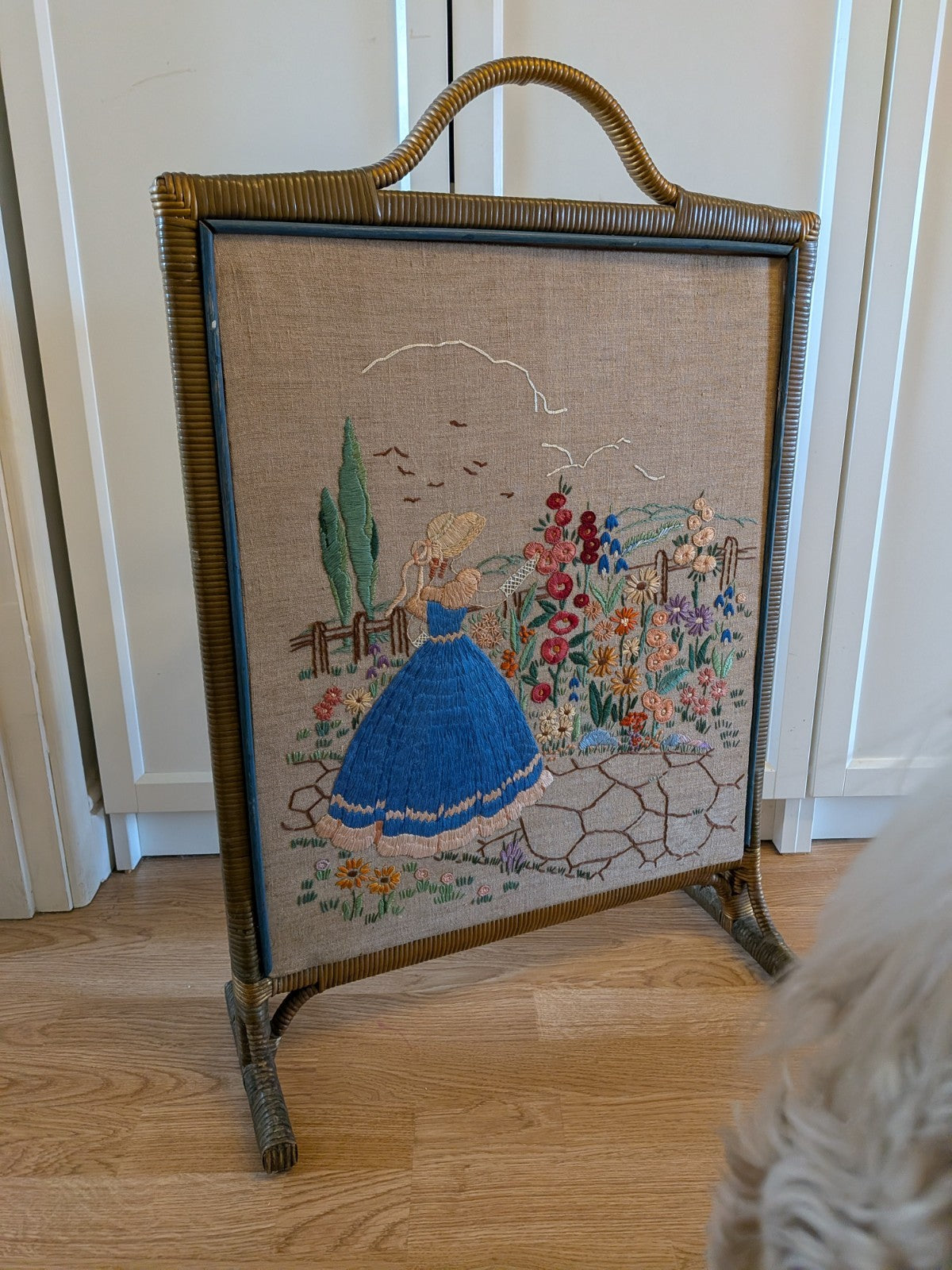 Vintage Art Deco Crinoline Lady Embroidery Fire Screen Retro Kitsch Needlepoint 