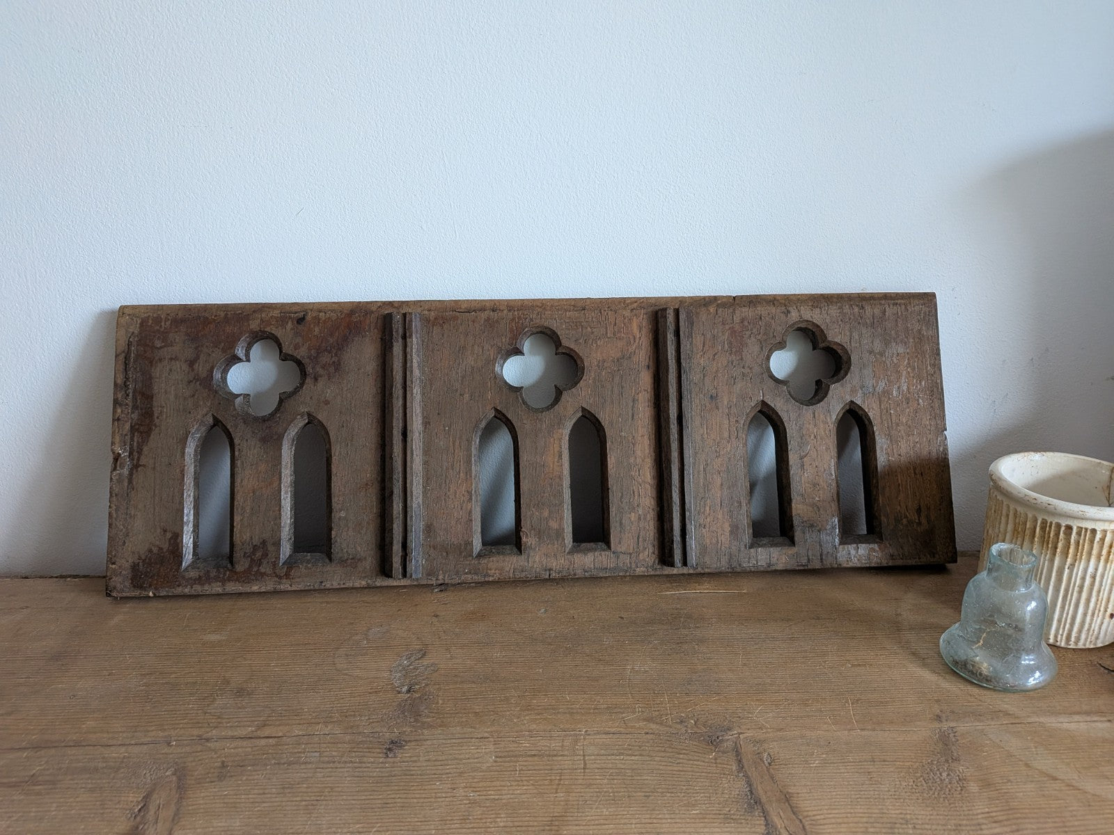 Antique Gothic Revival Panel Solid Oak Wood Salvage Lecturn Piece Clover Arch