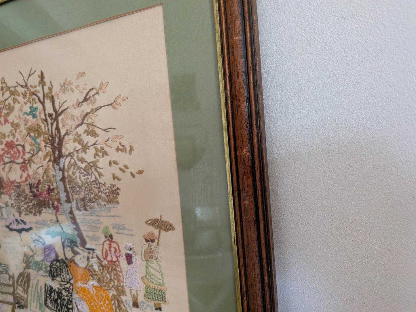 Vintage Cross Stitch Victorian Band Stand Play Framed Embroidery Crewel Large