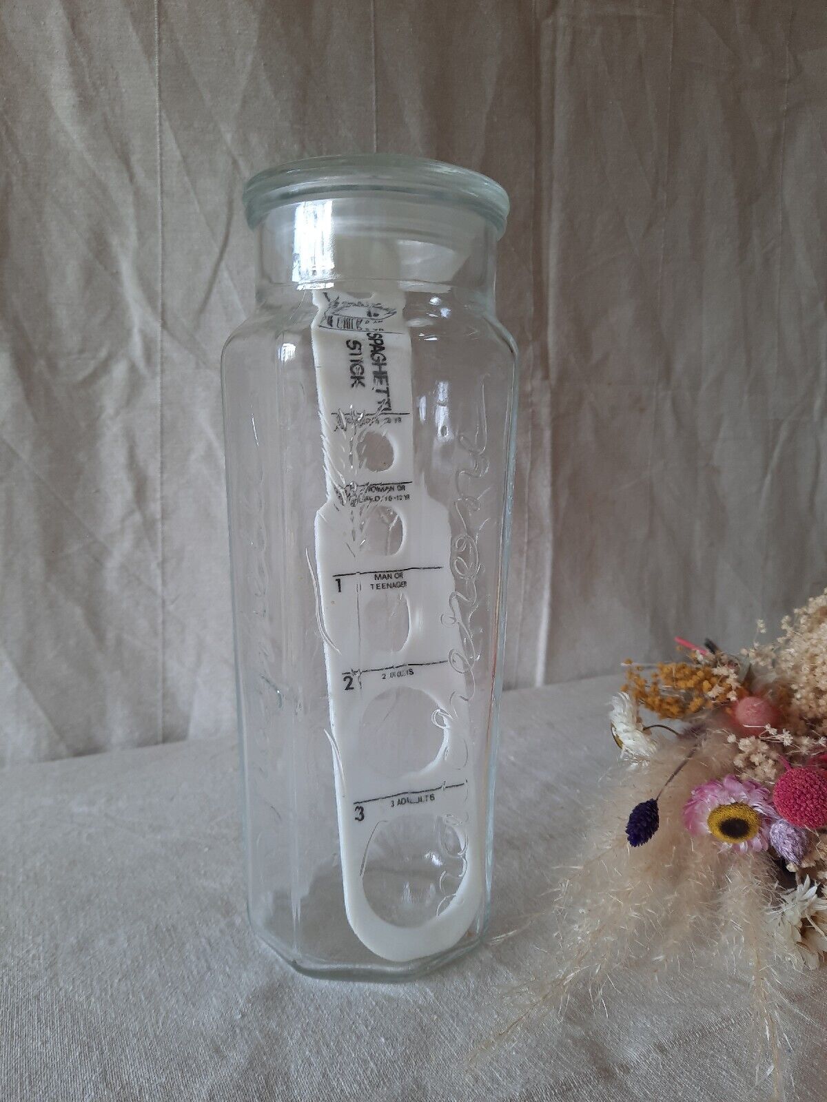 Retro Vintage Embossed Glass Spaghetti/Pasta Storage Jar Tall Linguini Container