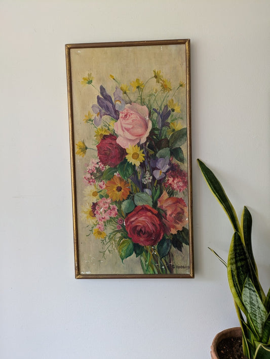 Antique Oil Painting Floral Bouquet Picture framed vintage Still Life On Canvas 