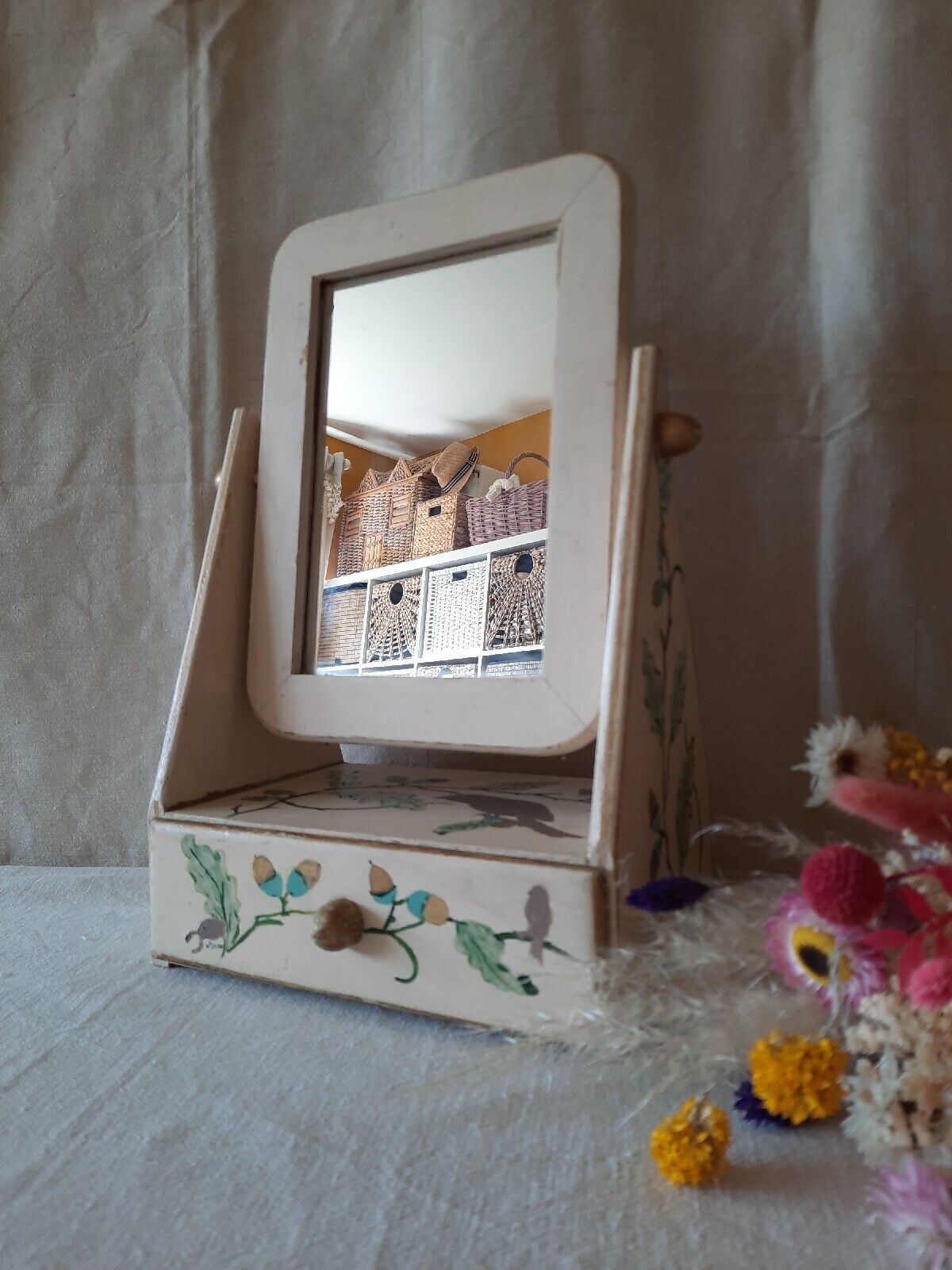 Vintage Wooden Vanity Mirror folk art Wood Table Top Swing Standing drawer old
