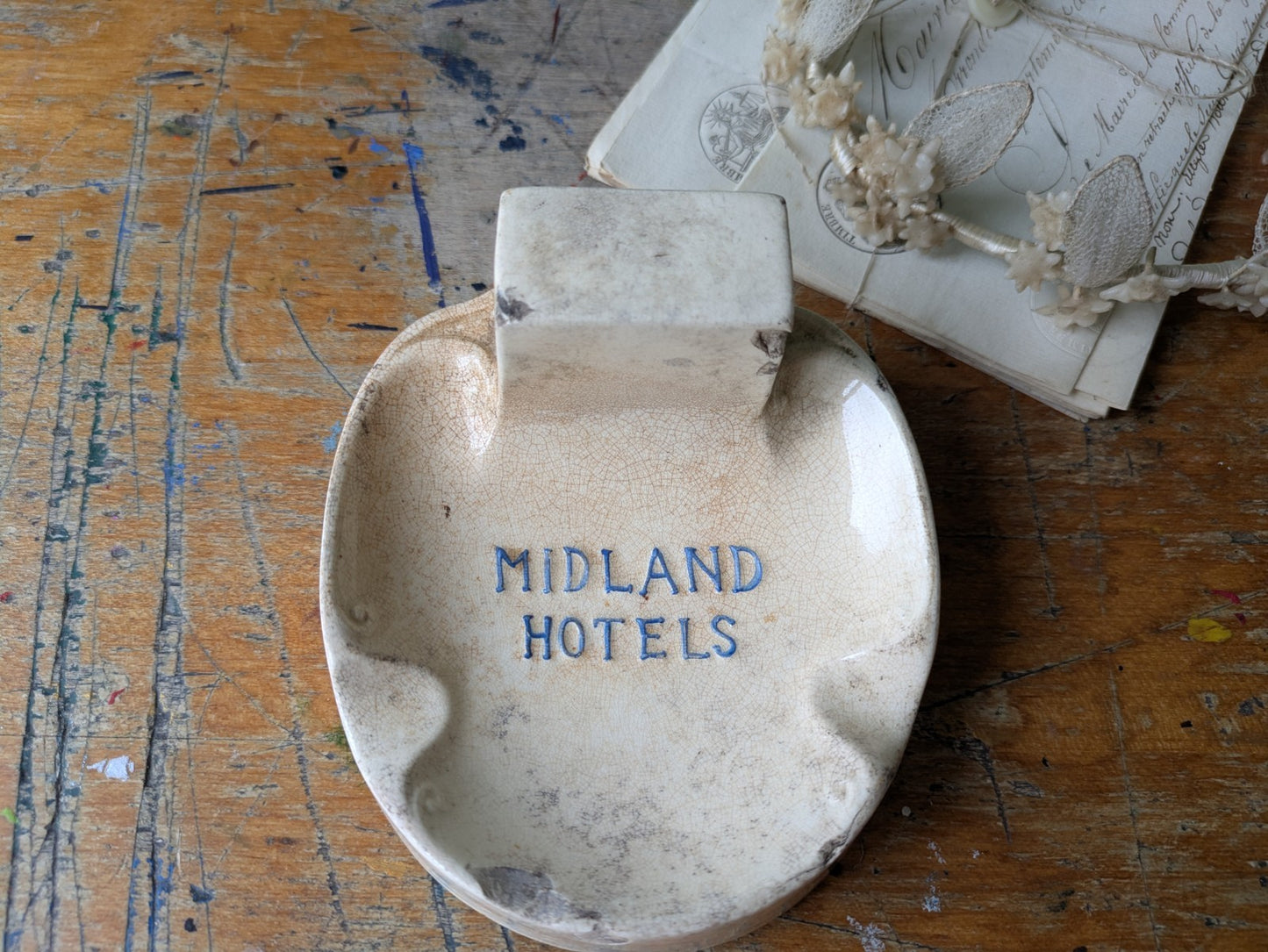 Antique Midland Hotels Ironstone Match Striker Ashtray Crazed Advertising Rare 