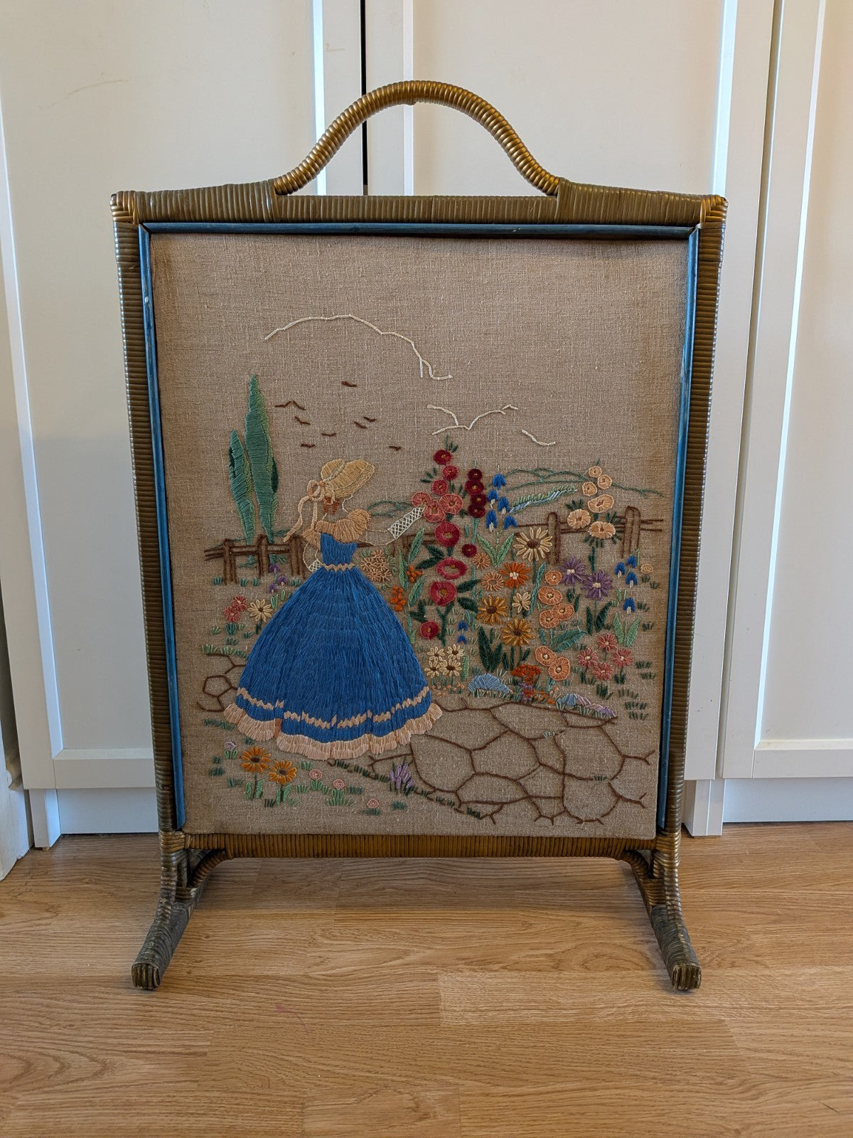 Vintage Art Deco Crinoline Lady Embroidery Fire Screen Retro Kitsch Needlepoint 