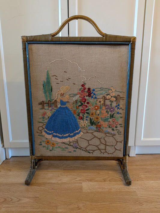 Vintage Art Deco Crinoline Lady Embroidery Fire Screen Retro Kitsch Needlepoint 