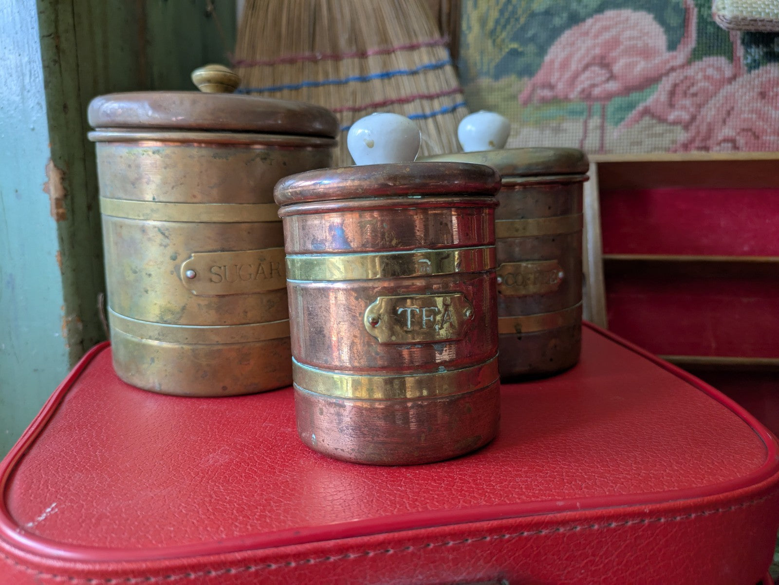Antique Copper & Brass Tea Coffee Sugar Set Country Farm House Kitchenalia Vtg 