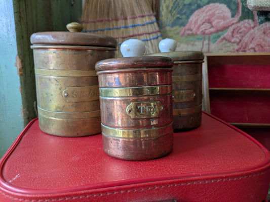 Antique Copper & Brass Tea Coffee Sugar Set Country Farm House Kitchenalia Vtg 