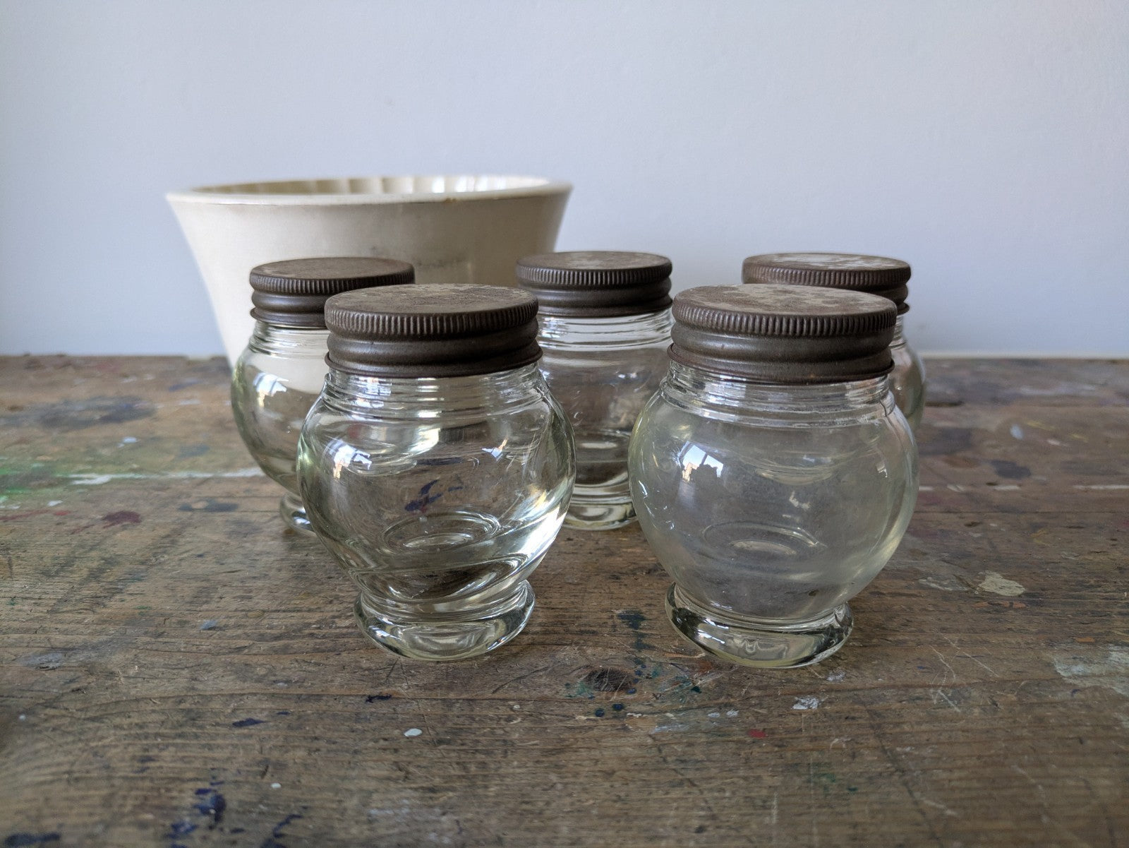 5x Rare Antique Bulb Thick Glass Round Shaped Bakers Cabinet Spice Jars Set VTG
