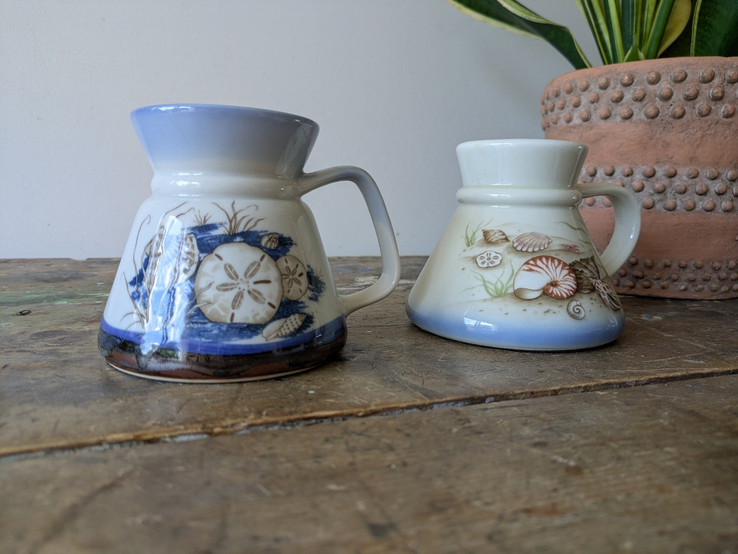 2x Beach Ocean Seashells Seaweed Ceramic Travel Mug No Spill Otagiri VTG Pair