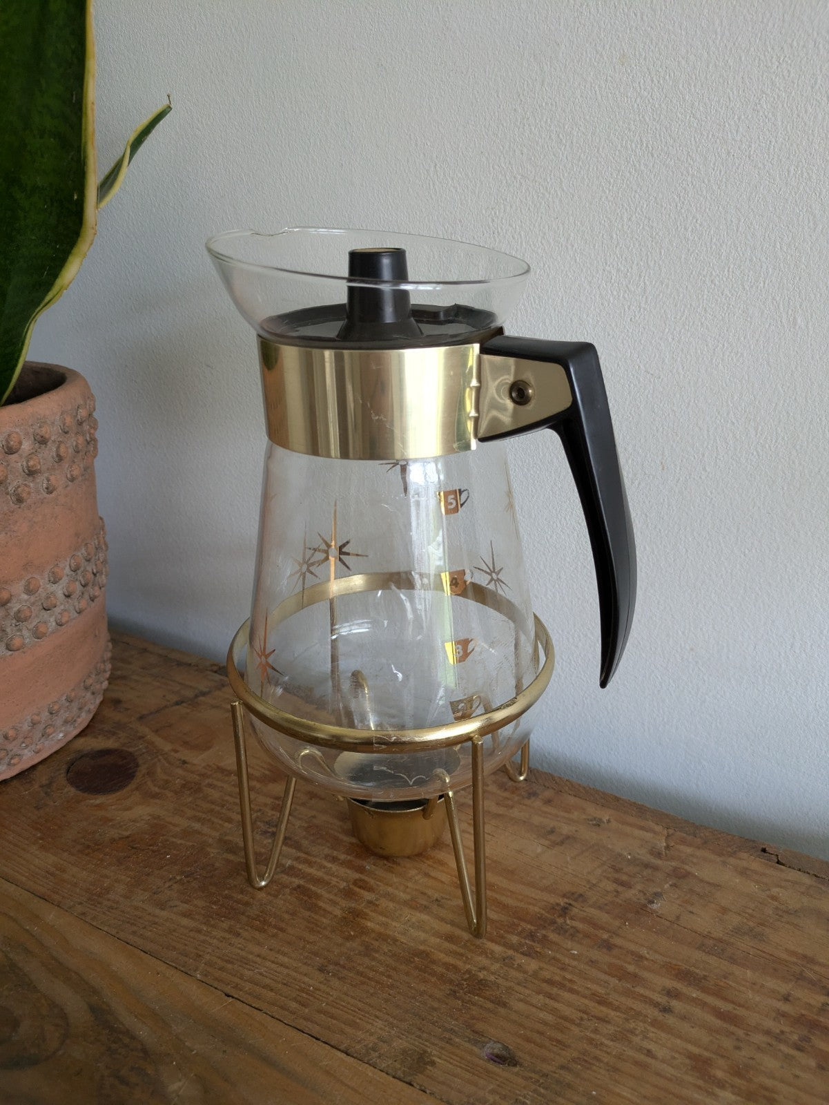 Corning Pyrex Coffee Carafe 1960s Atomic Starburst 6 Cup Candle Warmer Stand Vtg