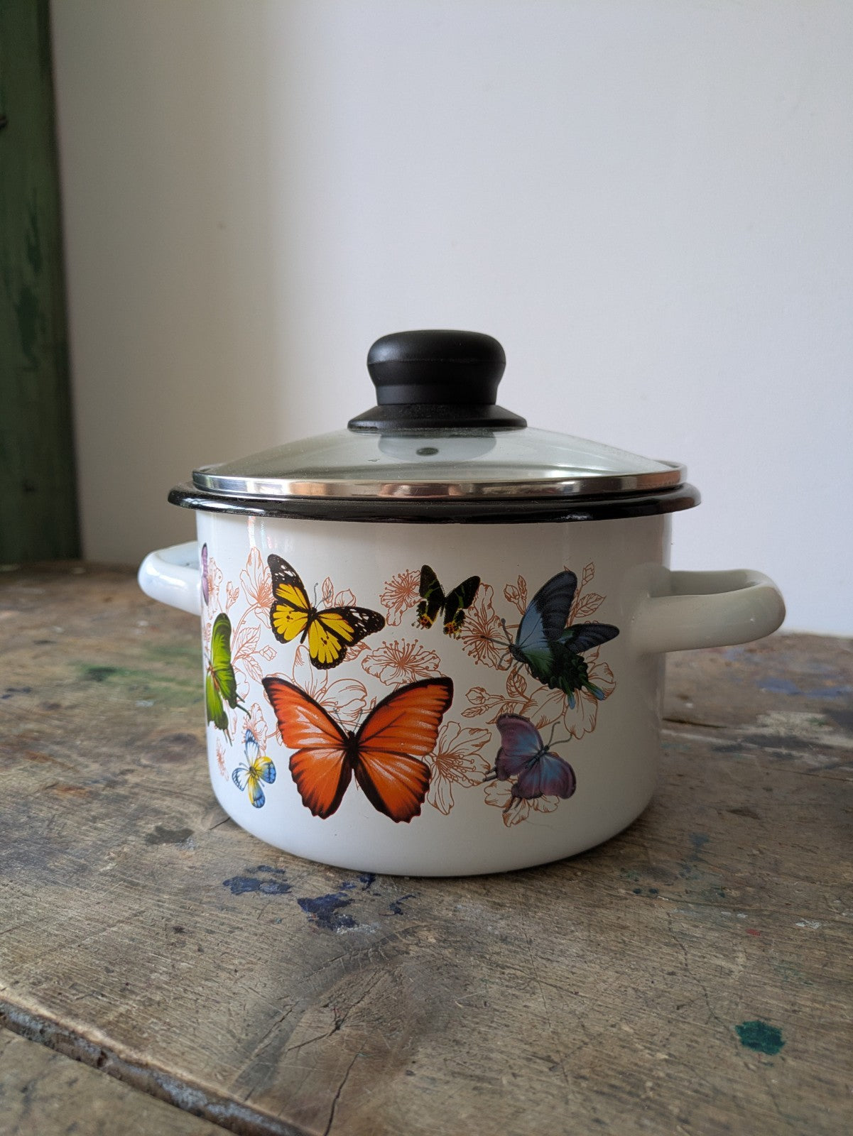 Butterfly Enamel Cooking Pot Vintage Style Glass Lid Saucepan Pan Prop Kitchen
