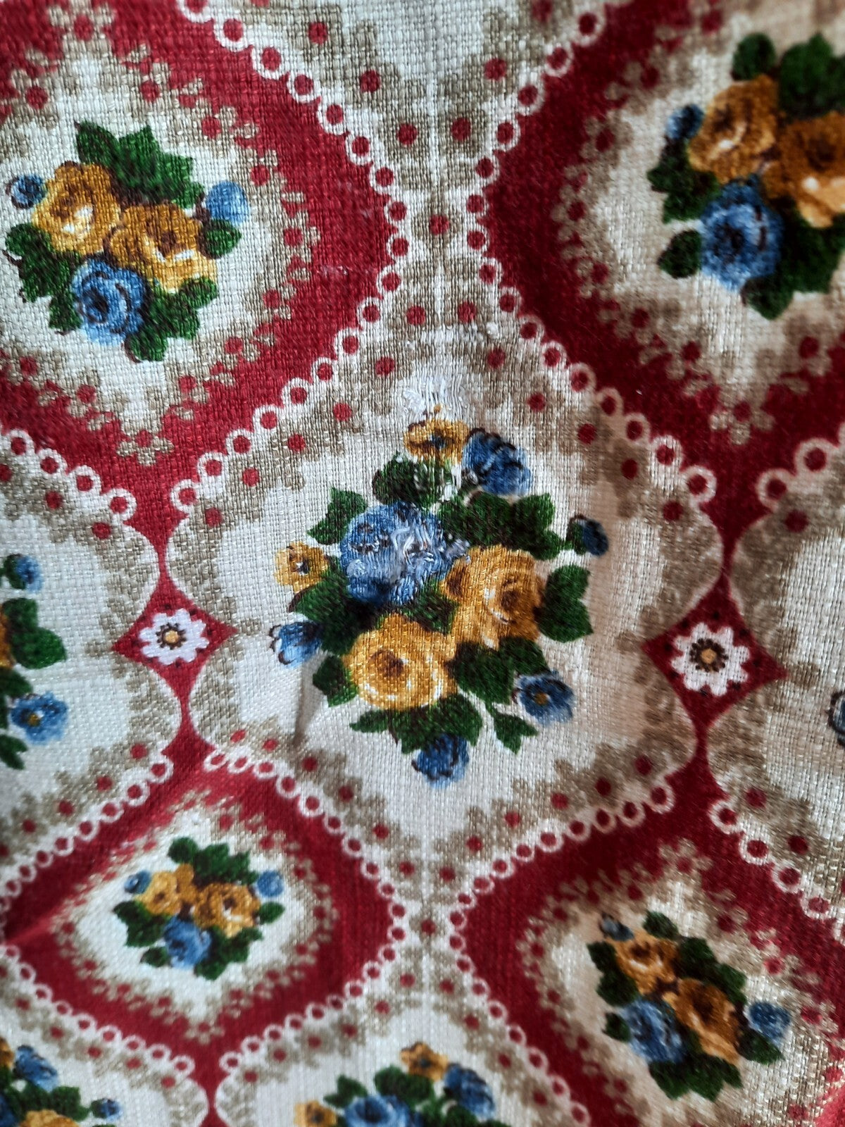 Vntg Barkcloth 50s Fabric Thick 223cmLX 113cmW Retro Rose Floral Red Prop Old 