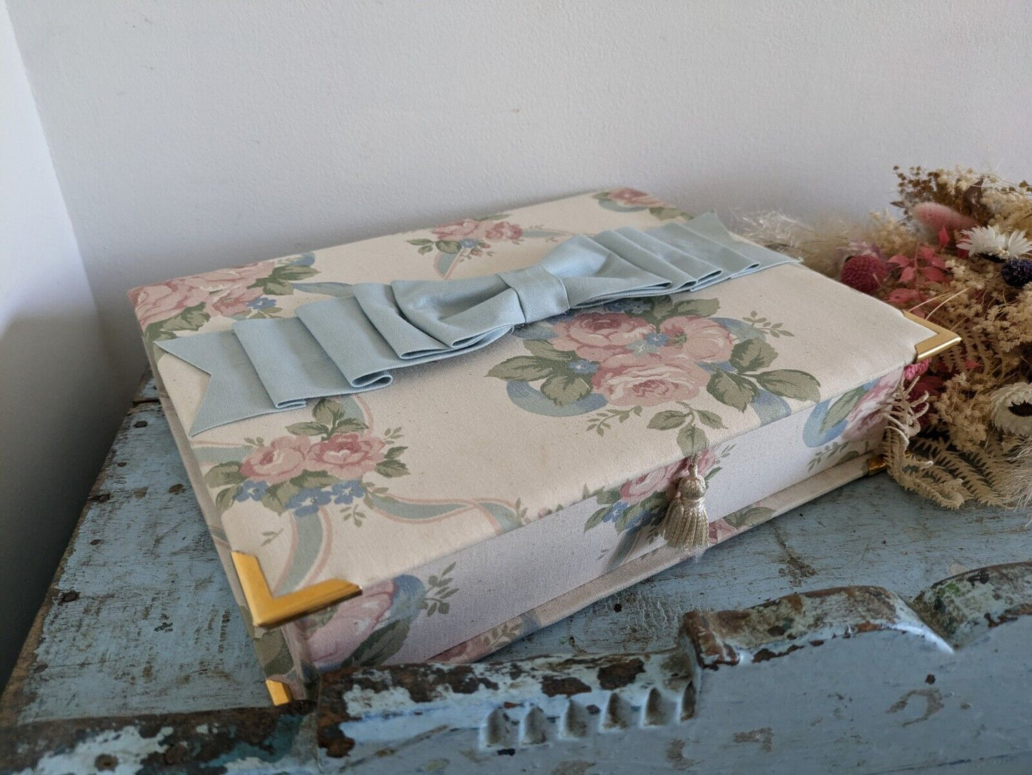 vintage floral Ribbon jewellery box Rose flowers organizer fabric cover Sewing